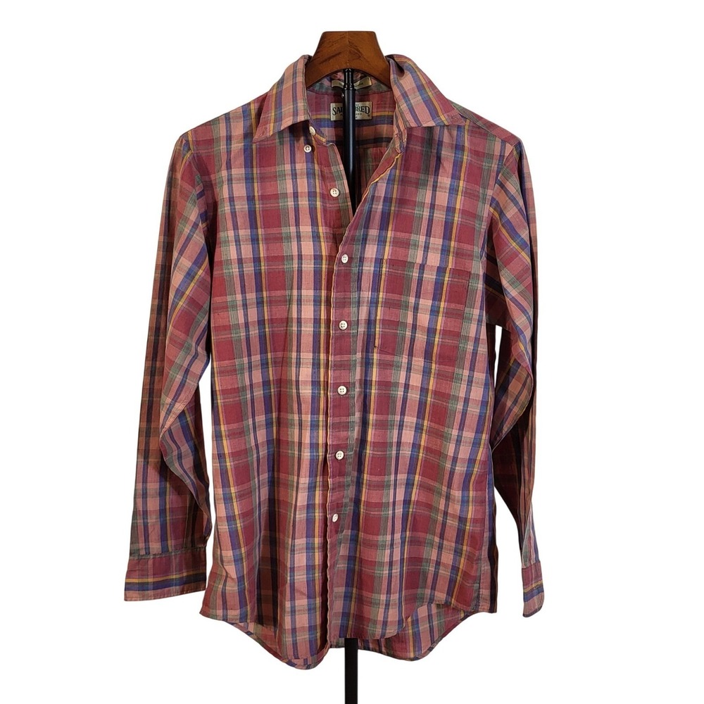 Vintage Saddlebred Plaid Button Down Shirt Mens Medium Red Blue USA